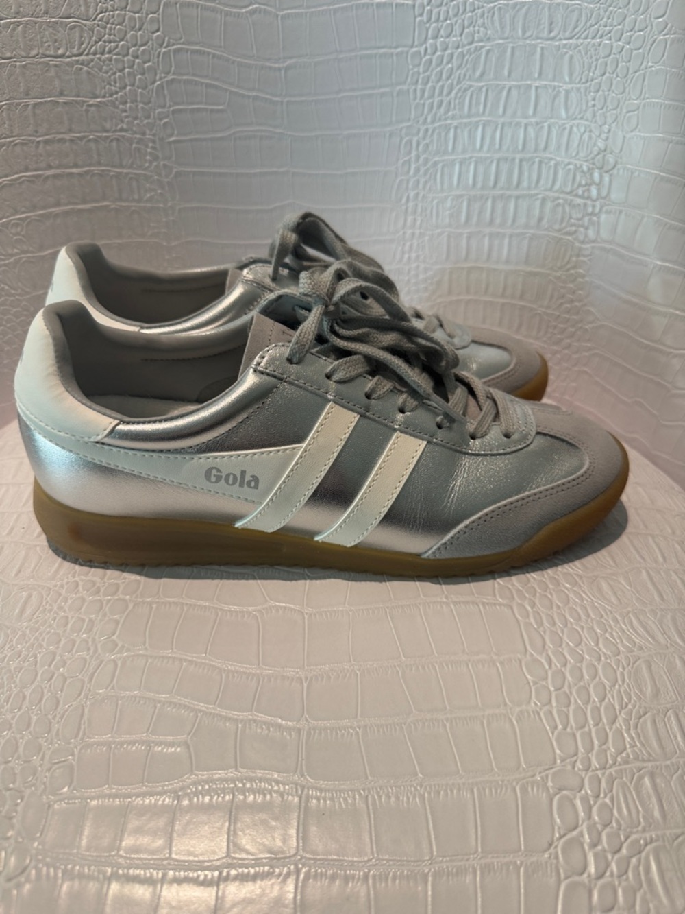 Gola Ladies Silver Sneakers with White Stripes and Gum Sole - Picture 3 of 9